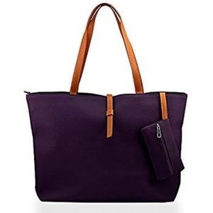 DARK PURPLE PU LEATHER TOTE BAG WITH A MINI POUCH